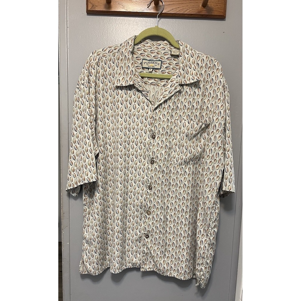 Pussers Button Up Men's Xl Cream With Print Short Sleeve Silk Blend Shirt